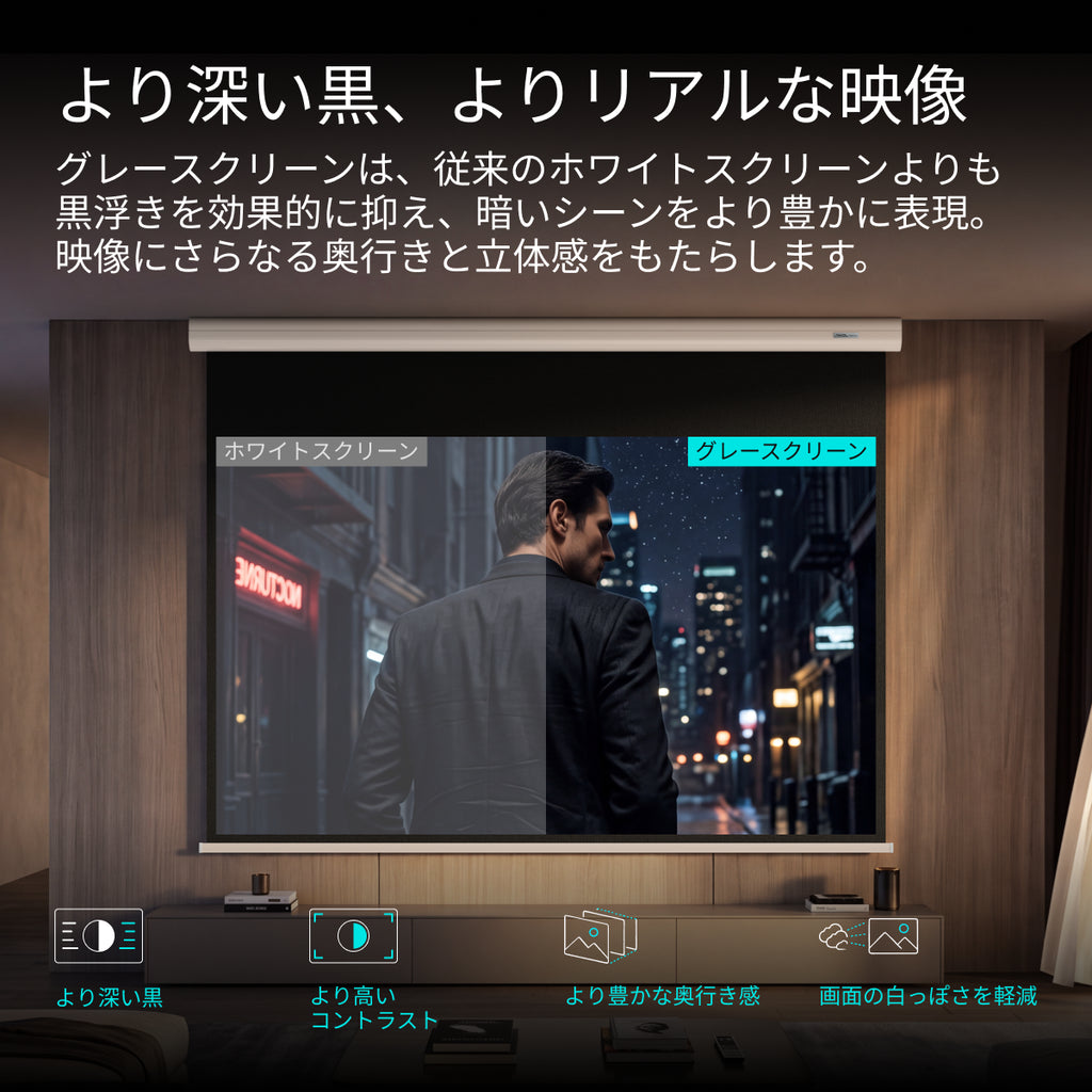 AWOL Valerion CineContrast 電動昇降式グラスファイバー製グレースクリーン