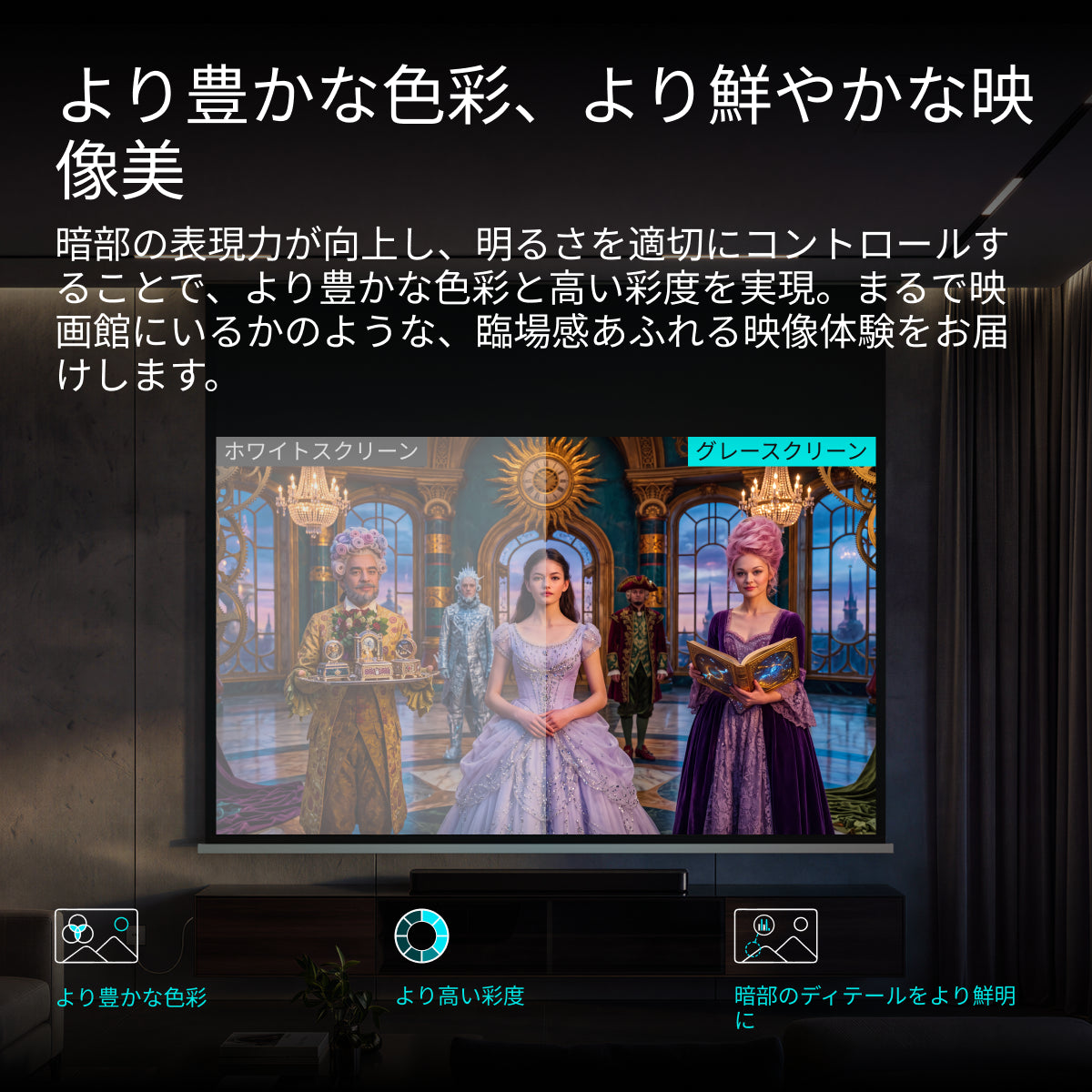 AWOL Valerion CineContrast 電動昇降式グラスファイバー製グレースクリーン